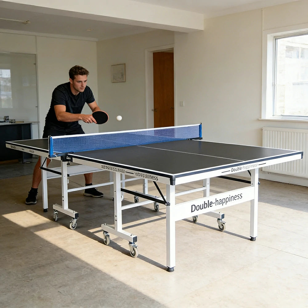 DOUBLE HAPPINESS Premium 16mm Indoor Black&Blue Foldable Solo Play Table Tennis Pingpong Table - Bats Balls Net