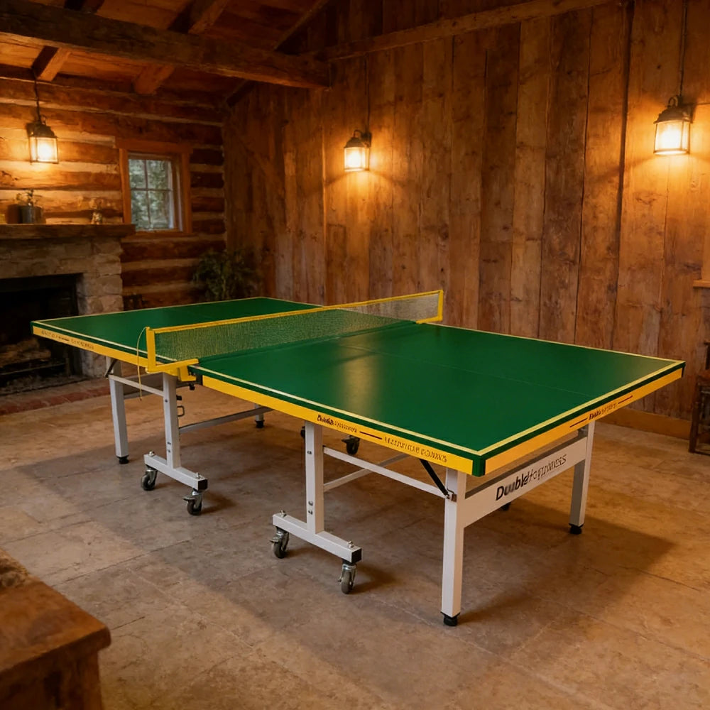 DOUBLE HAPPINESS Indoor Foldable Table Tennis Table - Solo Playback Design with Net Bats & Balls - 13/16/19/25mm for Home & Club Use - Green
