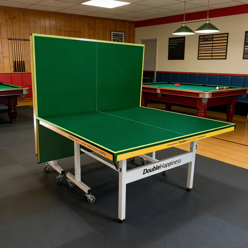 DOUBLE HAPPINESS Indoor Foldable Table Tennis Table - Solo Playback Design with Net Bats & Balls - 13/16/19/25mm for Home & Club Use - Green