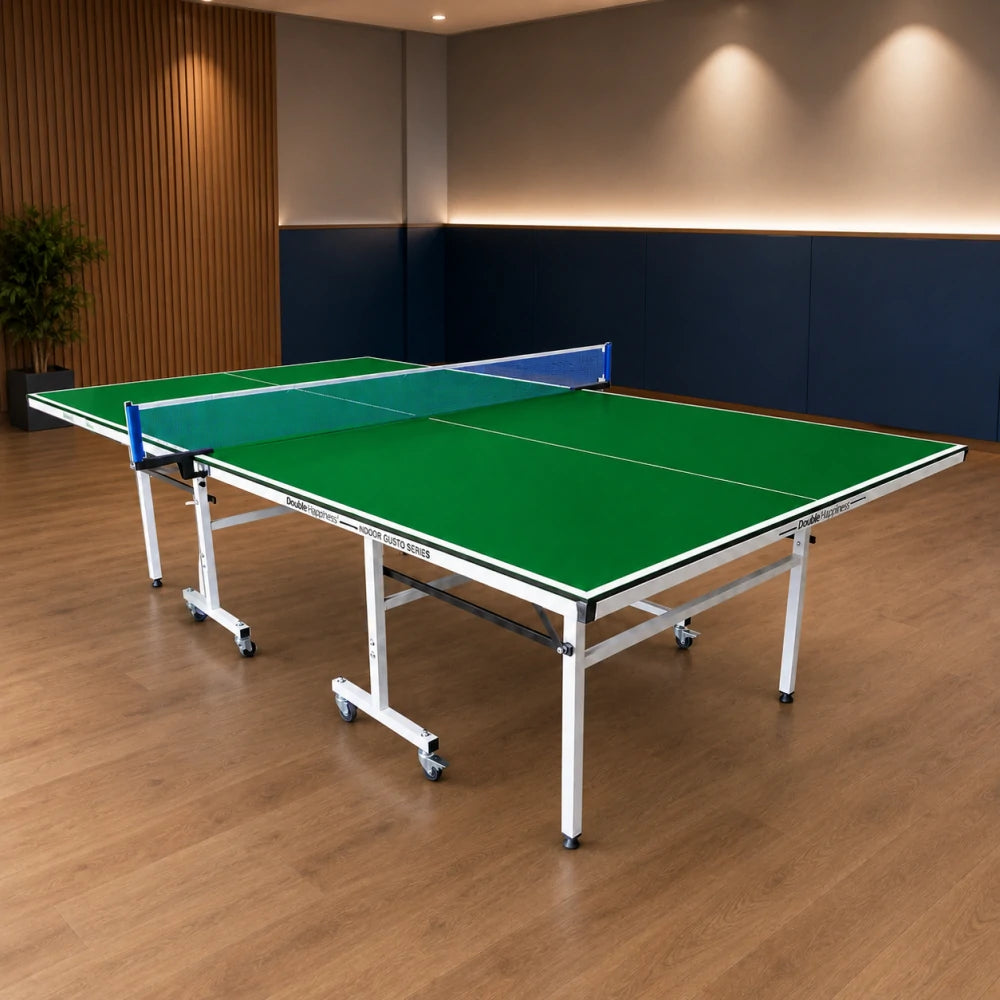 DOUBLE HAPPINESS Indoor Foldable Table Tennis Table - Solo Playback Design with Net Bats & Balls - 13/16/19/25mm for Home & Club Use - Green