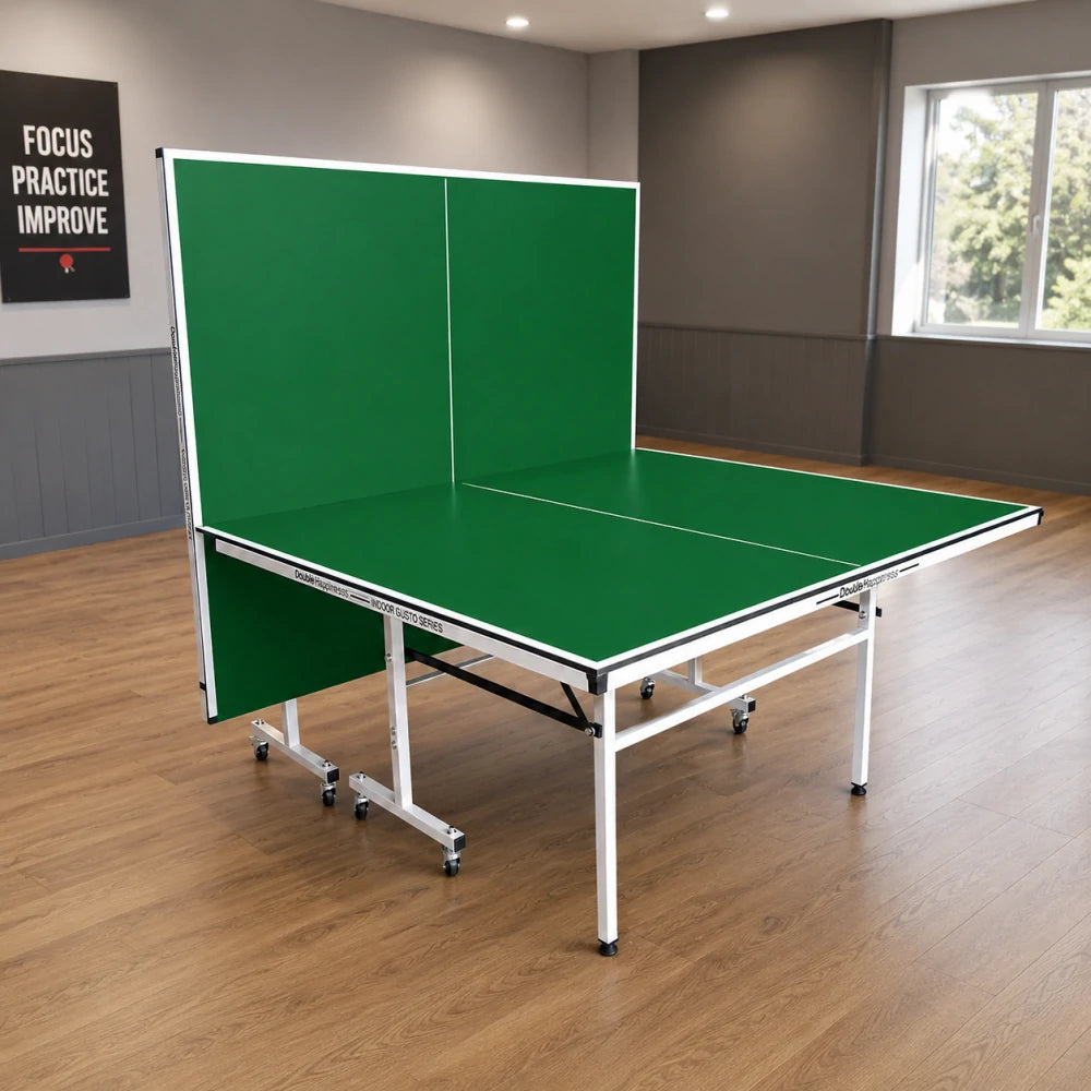 DOUBLE HAPPINESS Indoor Foldable Table Tennis Table - Solo Playback Design with Net Bats & Balls - 13/16/19/25mm for Home & Club Use - Green