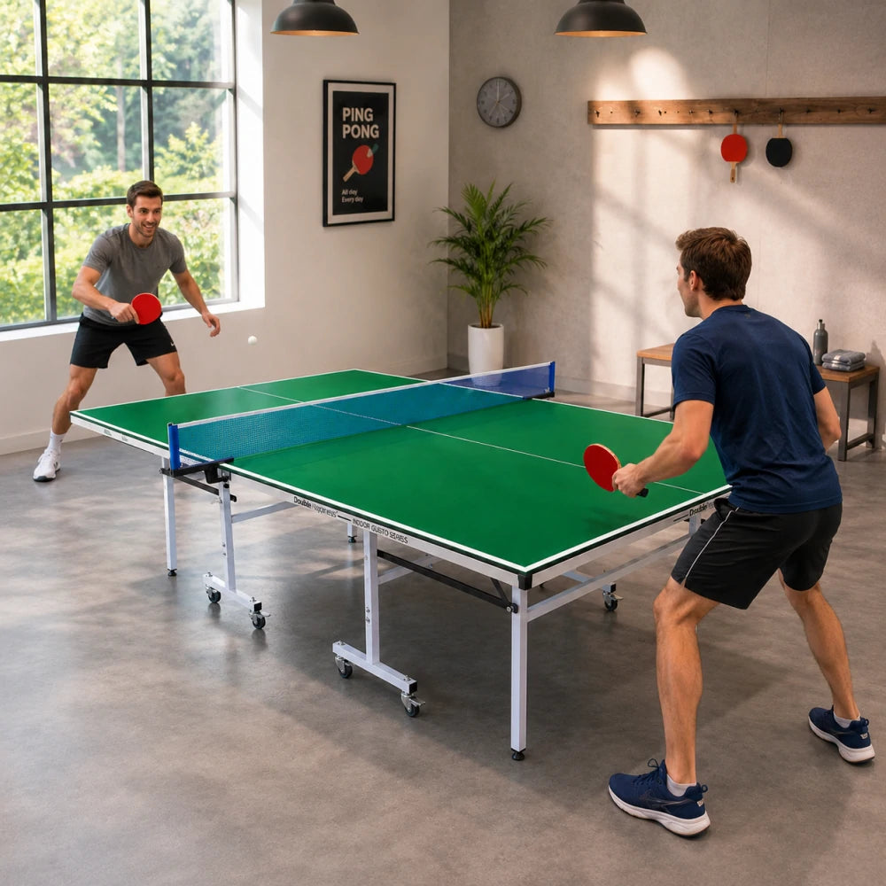 DOUBLE HAPPINESS Indoor Foldable Table Tennis Table - Solo Playback Design with Net Bats & Balls - 13/16/19/25mm for Home & Club Use - Green