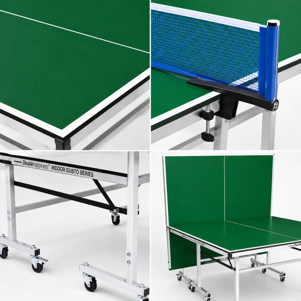 DOUBLE HAPPINESS Indoor Foldable Table Tennis Table - Solo Playback Design with Net Bats & Balls - 13/16/19/25mm for Home & Club Use - Green
