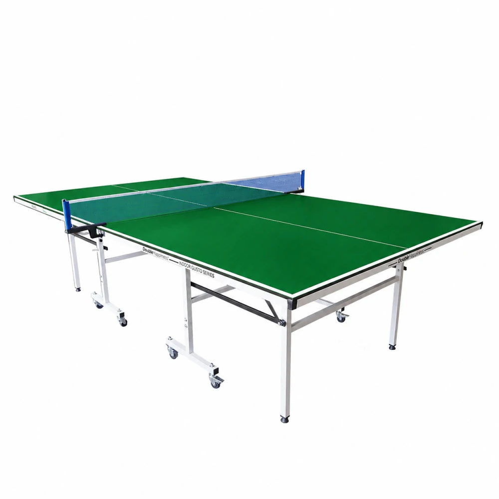 DOUBLE HAPPINESS Indoor Foldable Table Tennis Table - Solo Playback Design with Net Bats & Balls - 13/16/19/25mm for Home & Club Use - Green