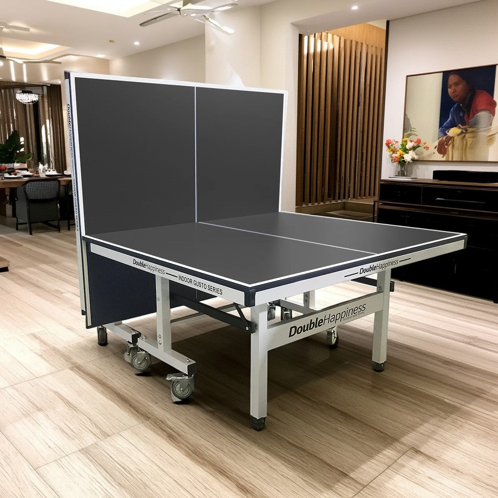 DOUBLE HAPPINESS Premium 25mm Indoor Black&Blue&Red Foldable Solo Play Table Tennis Pingpong Table - Bats Balls Net