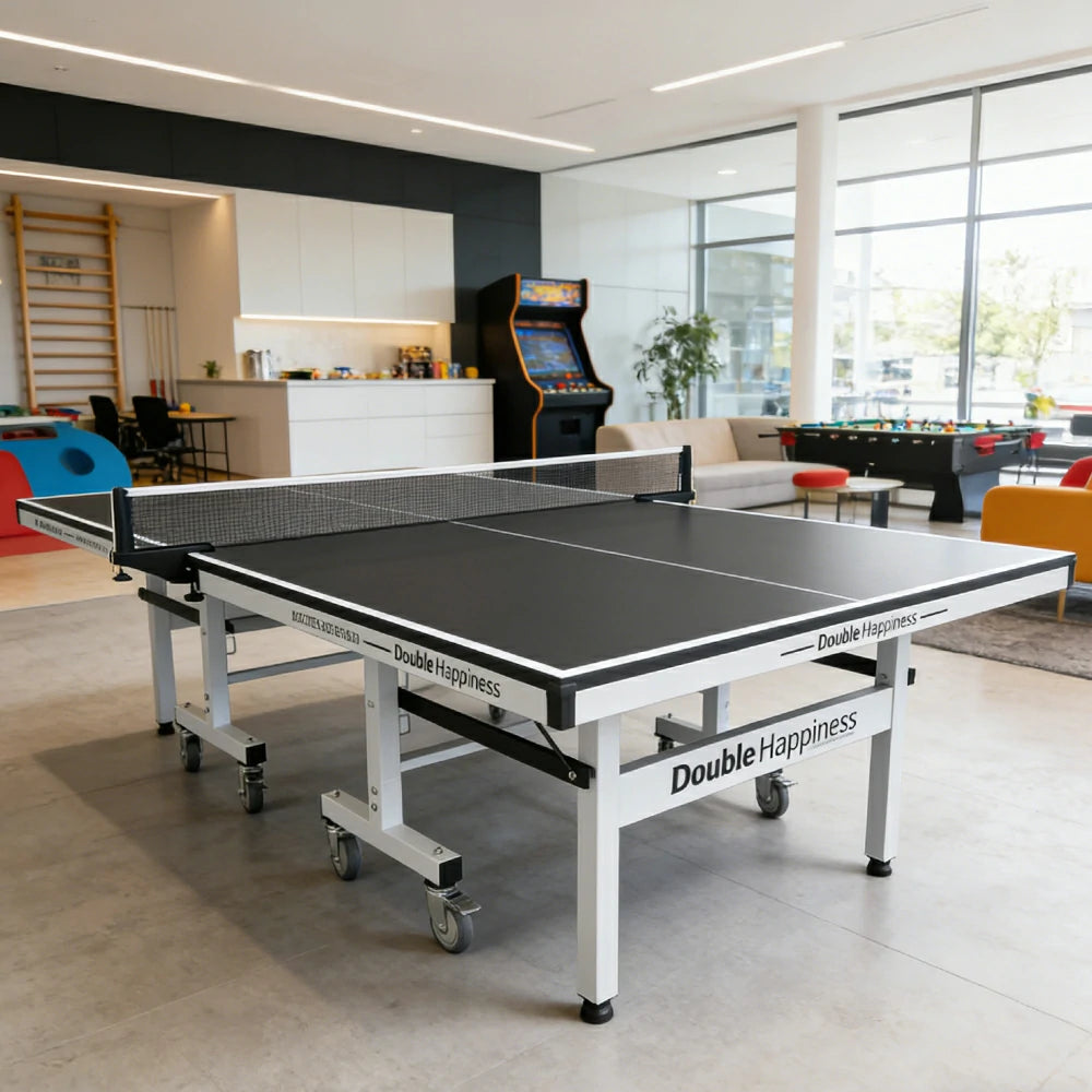 DOUBLE HAPPINESS Premium 25mm Indoor Black&Blue&Red Foldable Solo Play Table Tennis Pingpong Table - Bats Balls Net
