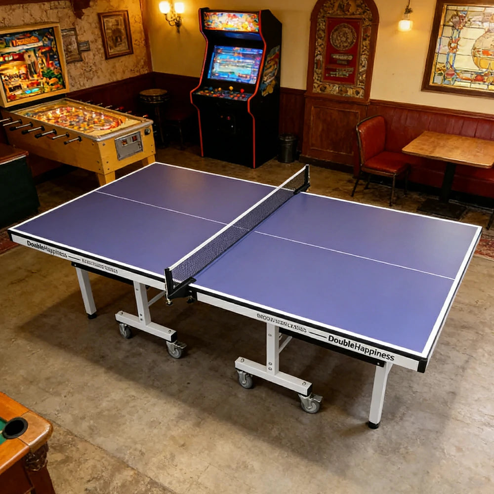 DOUBLE HAPPINESS Premium 25mm Indoor Black&Blue&Red Foldable Solo Play Table Tennis Pingpong Table - Bats Balls Net