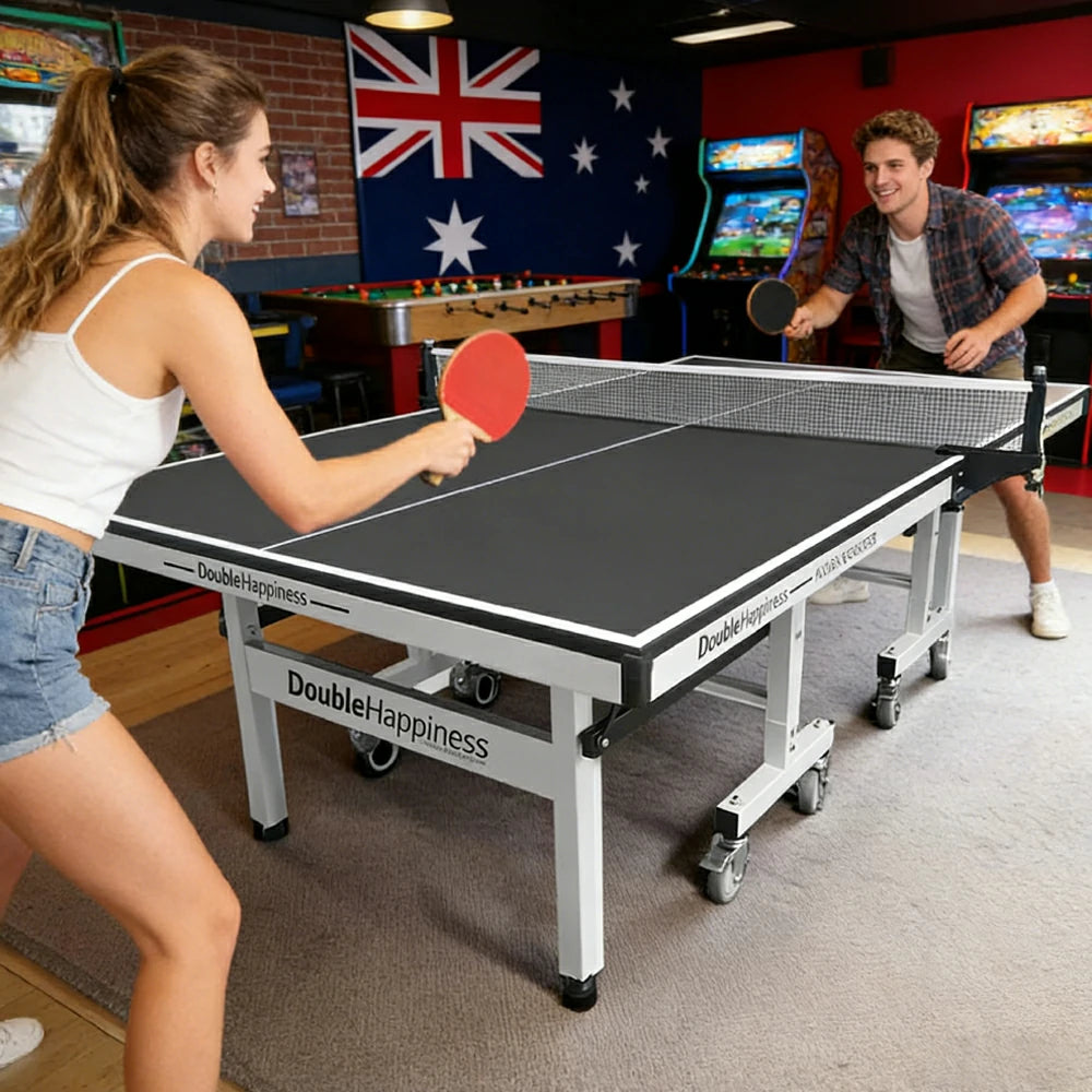 DOUBLE HAPPINESS Premium 25mm Indoor Black&Blue&Red Foldable Solo Play Table Tennis Pingpong Table - Bats Balls Net