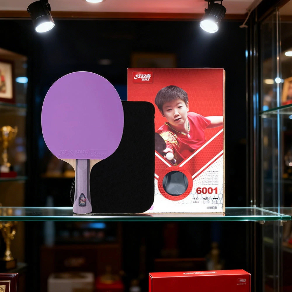 DHS 6-Star Shakehand Table Tennis Paddle - 7-Ply Pure Wood PRO Offensive Blade, Hurricane 3 + Hurricane 9 Spin & Speed - Durable Edge Guard - Purple