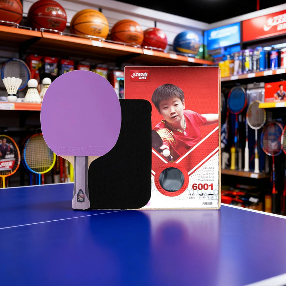 DHS 6-Star Shakehand Table Tennis Paddle - 7-Ply Pure Wood PRO Offensive Blade, Hurricane 3 + Hurricane 9 Spin & Speed - Durable Edge Guard - Purple