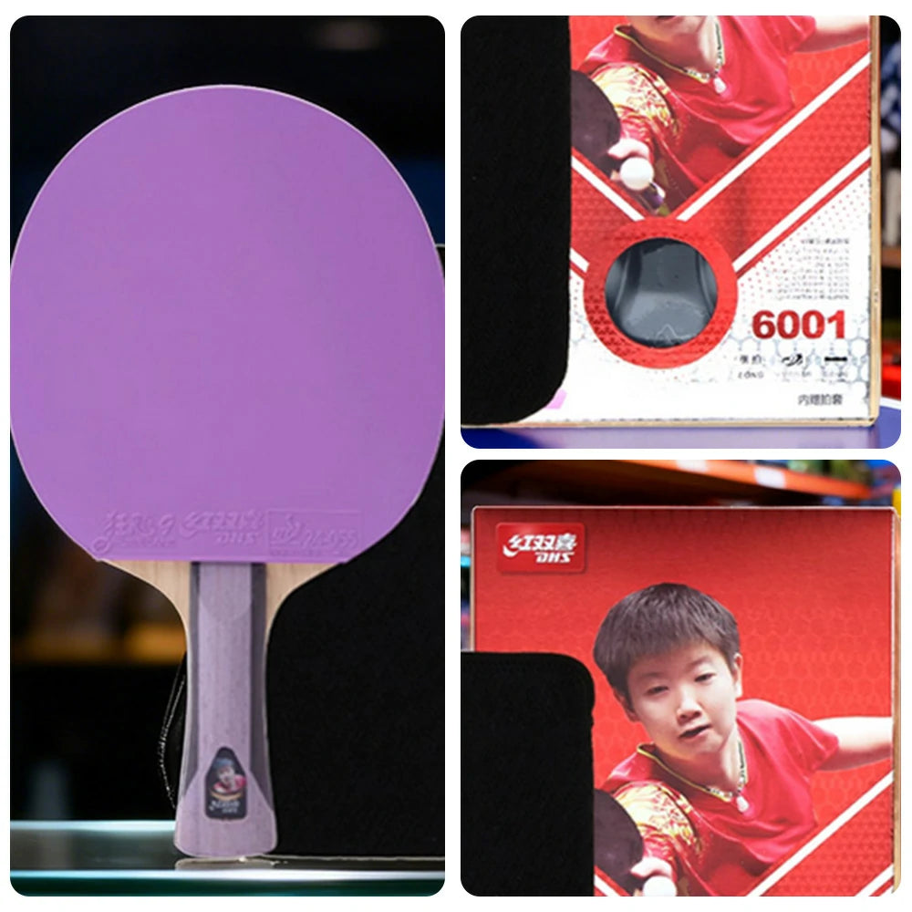 DHS 6-Star Shakehand Table Tennis Paddle - 7-Ply Pure Wood PRO Offensive Blade, Hurricane 3 + Hurricane 9 Spin & Speed - Durable Edge Guard - Purple