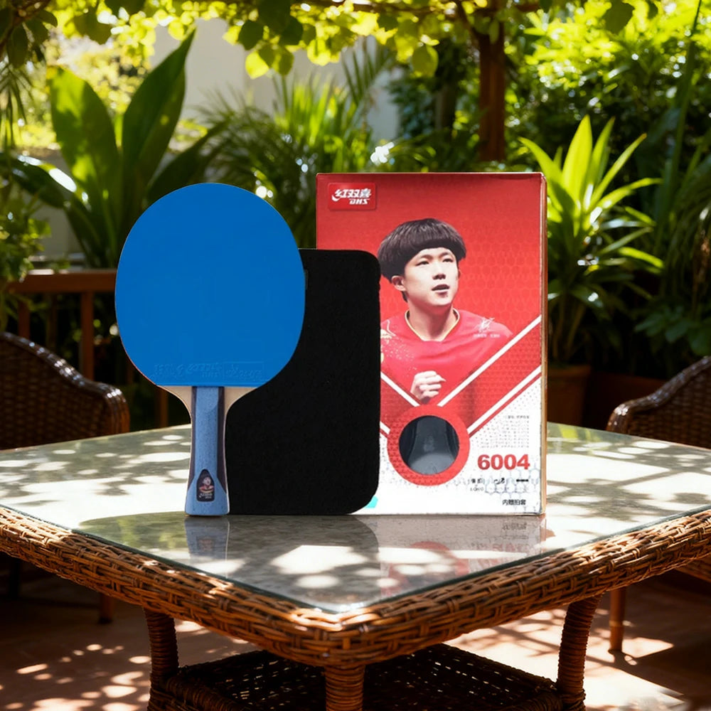 DHS 6-Star Shakehand Table Tennis Paddle - 7-Ply Pure Wood PRO Offensive Blade, Hurricane 3 + Hurricane 9 Spin & Speed - Durable Edge Guard - Blue