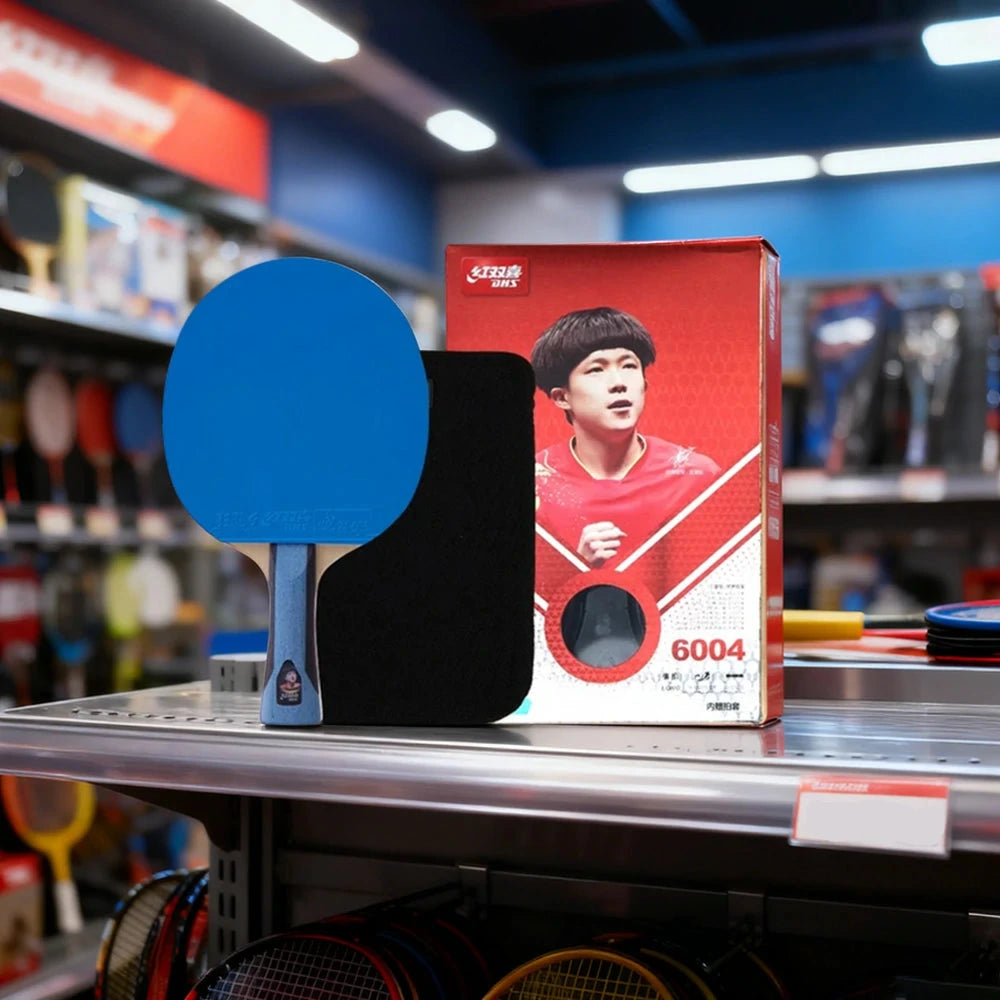 DHS 6-Star Shakehand Table Tennis Paddle - 7-Ply Pure Wood PRO Offensive Blade, Hurricane 3 + Hurricane 9 Spin & Speed - Durable Edge Guard - Blue