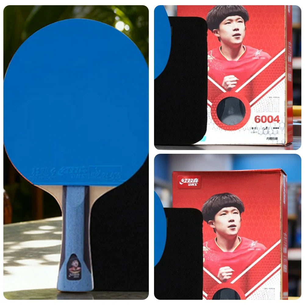 DHS 6-Star Shakehand Table Tennis Paddle - 7-Ply Pure Wood PRO Offensive Blade, Hurricane 3 + Hurricane 9 Spin & Speed - Durable Edge Guard - Blue