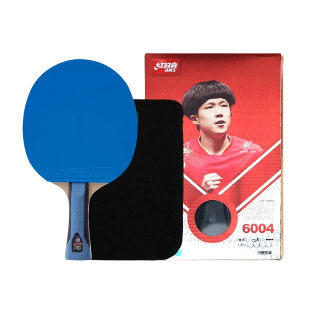 DHS 6-Star Shakehand Table Tennis Paddle - 7-Ply Pure Wood PRO Offensive Blade, Hurricane 3 + Hurricane 9 Spin & Speed - Durable Edge Guard - Blue