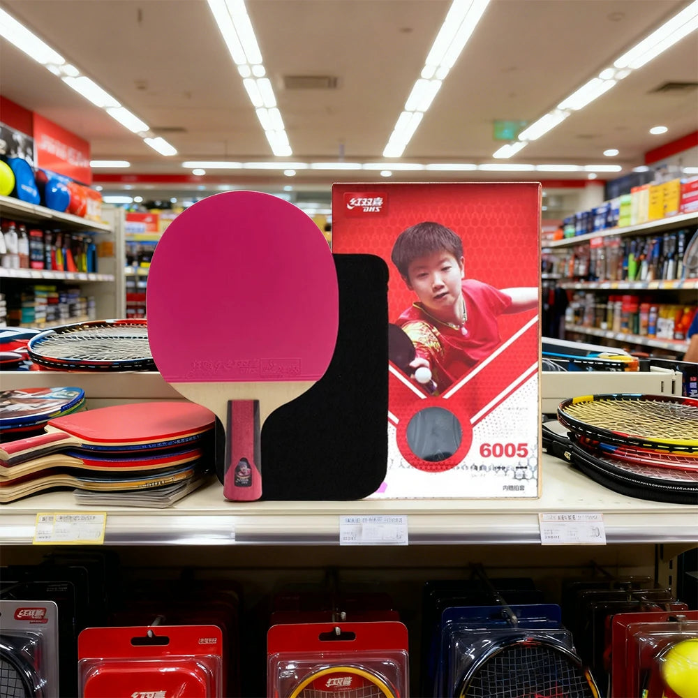 DHS 6-Star Penhold Table Tennis Paddle - 7-Ply Pure Wood PRO Offensive Blade, Hurricane 3 + Hurricane 9 Spin & Speed - Pink