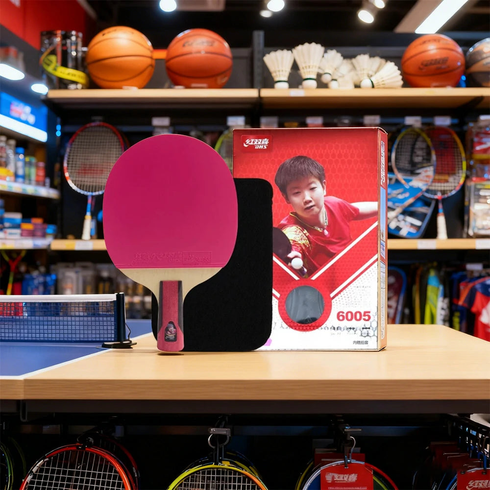 DHS 6-Star Penhold Table Tennis Paddle - 7-Ply Pure Wood PRO Offensive Blade, Hurricane 3 + Hurricane 9 Spin & Speed - Pink