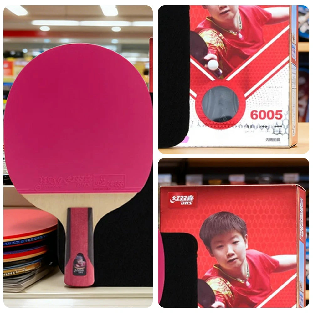 DHS 6-Star Penhold Table Tennis Paddle - 7-Ply Pure Wood PRO Offensive Blade, Hurricane 3 + Hurricane 9 Spin & Speed - Pink