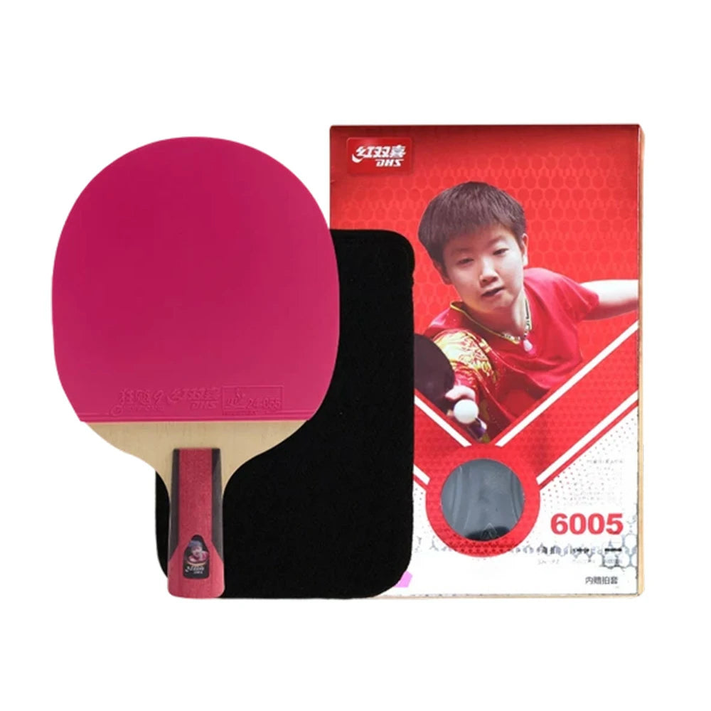 DHS 6-Star Penhold Table Tennis Paddle - 7-Ply Pure Wood PRO Offensive Blade, Hurricane 3 + Hurricane 9 Spin & Speed - Pink