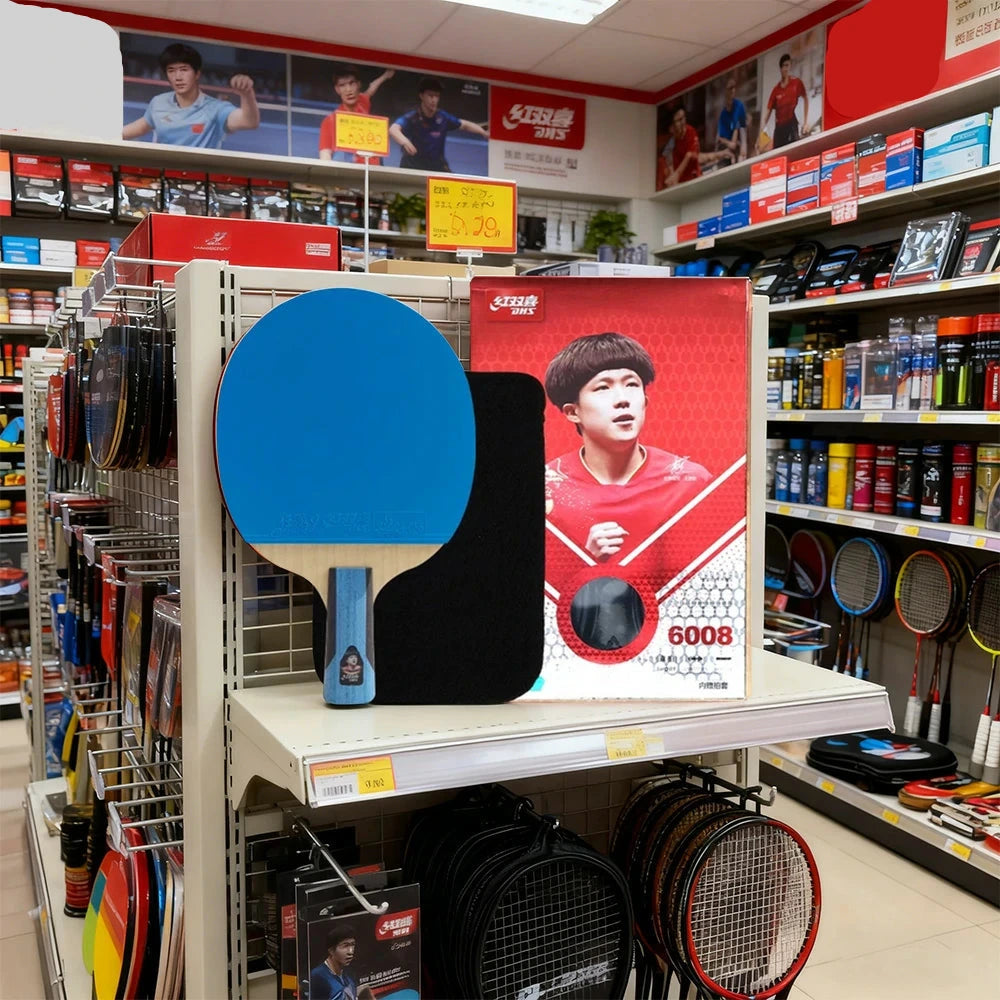 DHS 6-Star Penhold Table Tennis Paddle - 7-Ply Pure Wood PRO Offensive Blade, Hurricane 3 + Hurricane 9 Spin & Speed - Blue