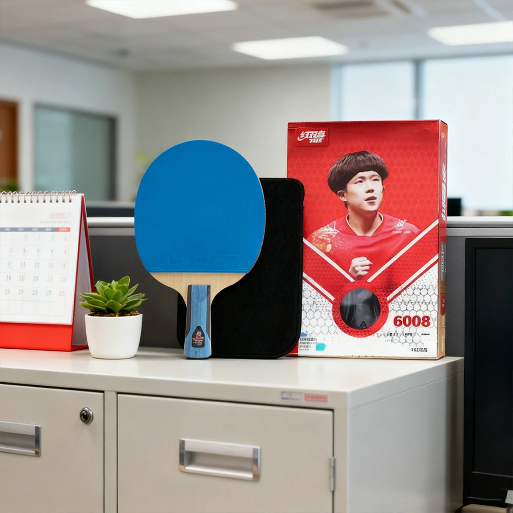 DHS 6-Star Penhold Table Tennis Paddle - 7-Ply Pure Wood PRO Offensive Blade, Hurricane 3 + Hurricane 9 Spin & Speed - Blue