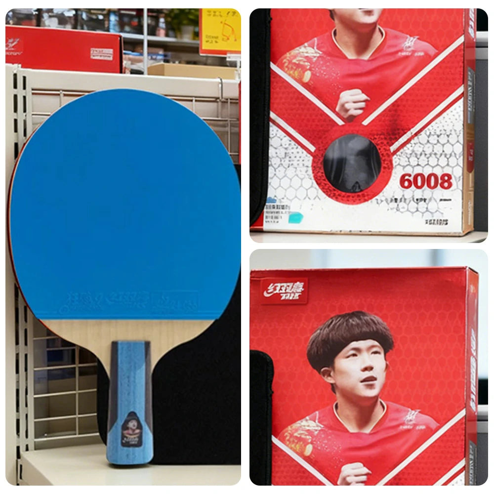 DHS 6-Star Penhold Table Tennis Paddle - 7-Ply Pure Wood PRO Offensive Blade, Hurricane 3 + Hurricane 9 Spin & Speed - Blue