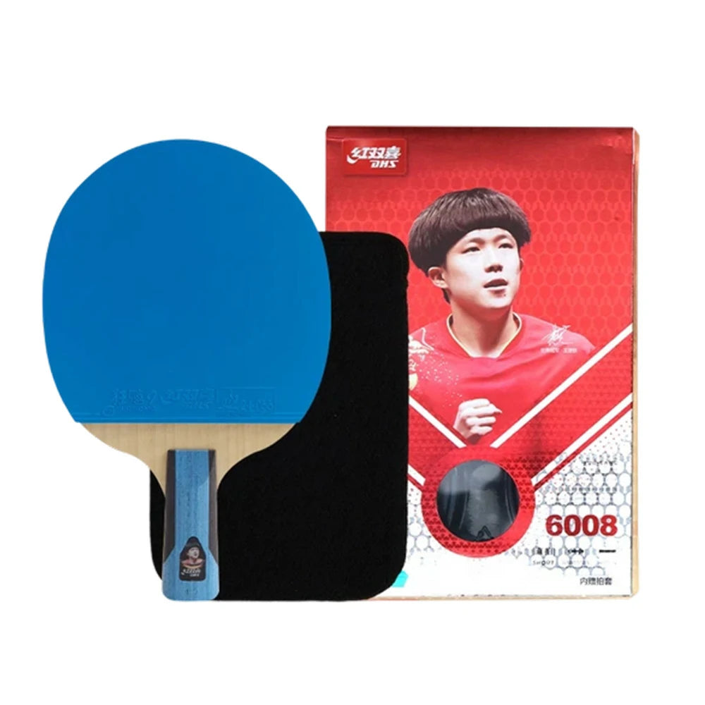 DHS 6-Star Penhold Table Tennis Paddle - 7-Ply Pure Wood PRO Offensive Blade, Hurricane 3 + Hurricane 9 Spin & Speed - Blue