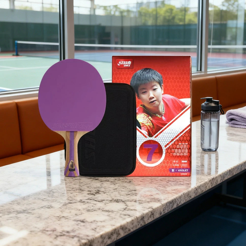 DHS 7-Star Shakehand Table Tennis Paddle - 5+2C Wood-Carbon PRO Offensive Blade, Hurricane 3 + Hurricane 9 Spin & Speed - Purple