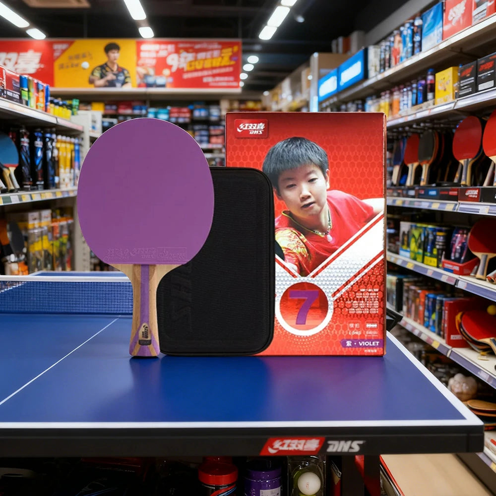 DHS 7-Star Shakehand Table Tennis Paddle - 5+2C Wood-Carbon PRO Offensive Blade, Hurricane 3 + Hurricane 9 Spin & Speed - Purple