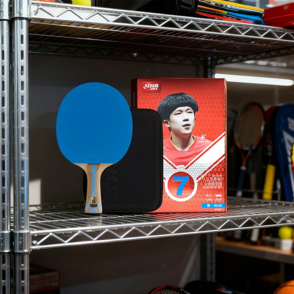 DHS 7-Star Shakehand Table Tennis Paddle - 5+2C Wood-Carbon PRO Offensive Blade, Hurricane 3 + Hurricane 9 Spin & Speed - Blue