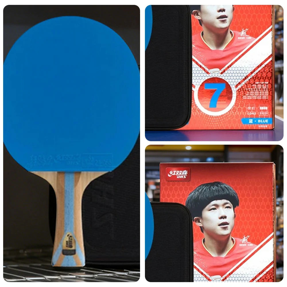 DHS 7-Star Shakehand Table Tennis Paddle - 5+2C Wood-Carbon PRO Offensive Blade, Hurricane 3 + Hurricane 9 Spin & Speed - Blue