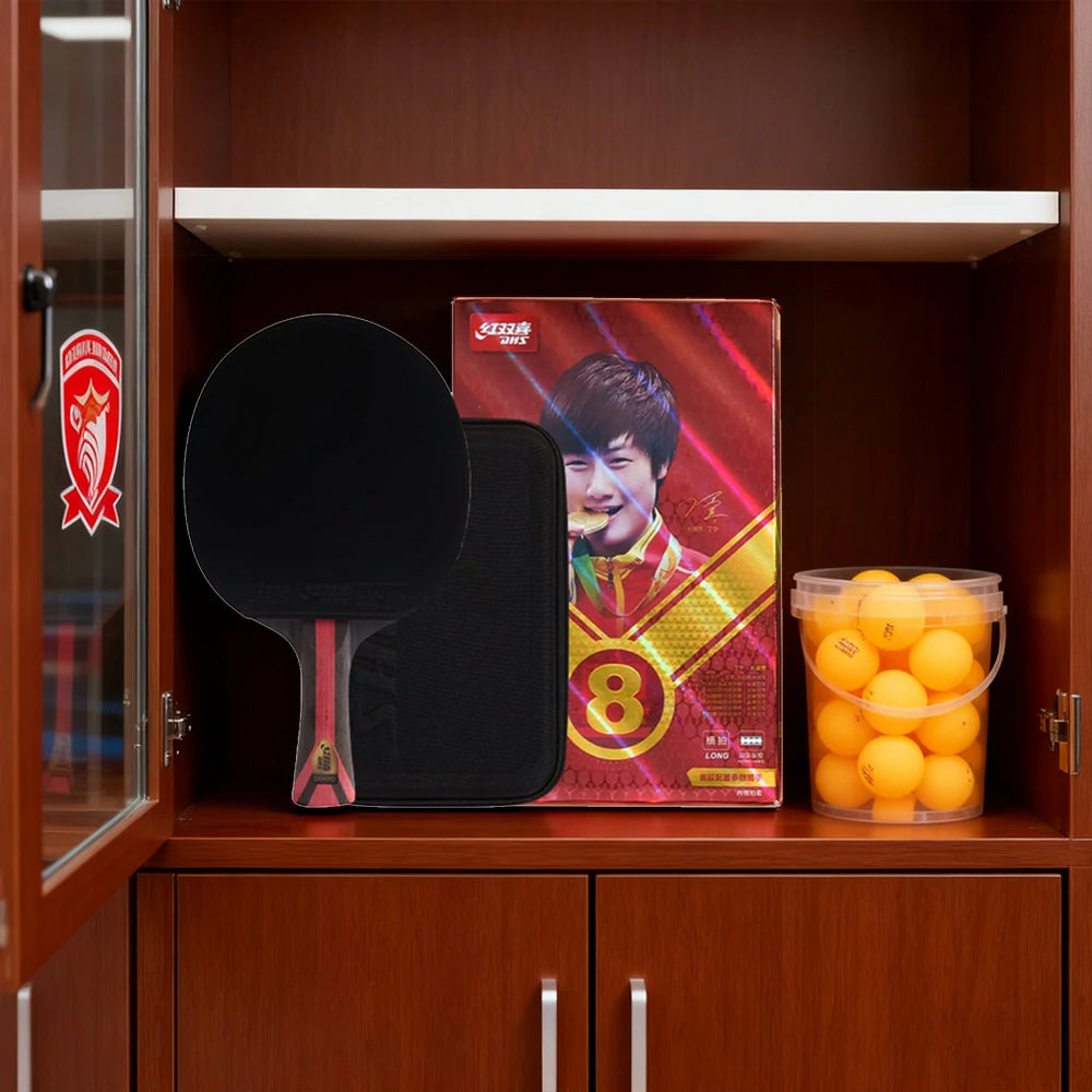 DHS H8002 8-Star Shakehand Table Tennis Paddle Set - Includes 6 Balls & Case, Pro Carbon Power for Fast Attack & Spin - Black