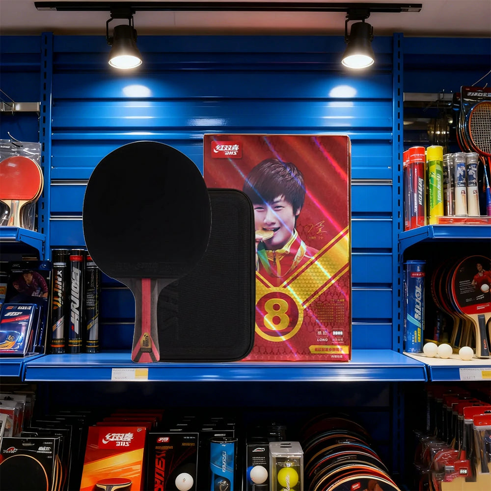 DHS H8002 8-Star Shakehand Table Tennis Paddle Set - Includes 6 Balls & Case, Pro Carbon Power for Fast Attack & Spin - Black