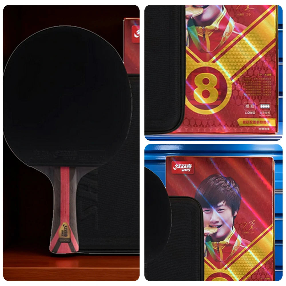 DHS H8002 8-Star Shakehand Table Tennis Paddle Set - Includes 6 Balls & Case, Pro Carbon Power for Fast Attack & Spin - Black