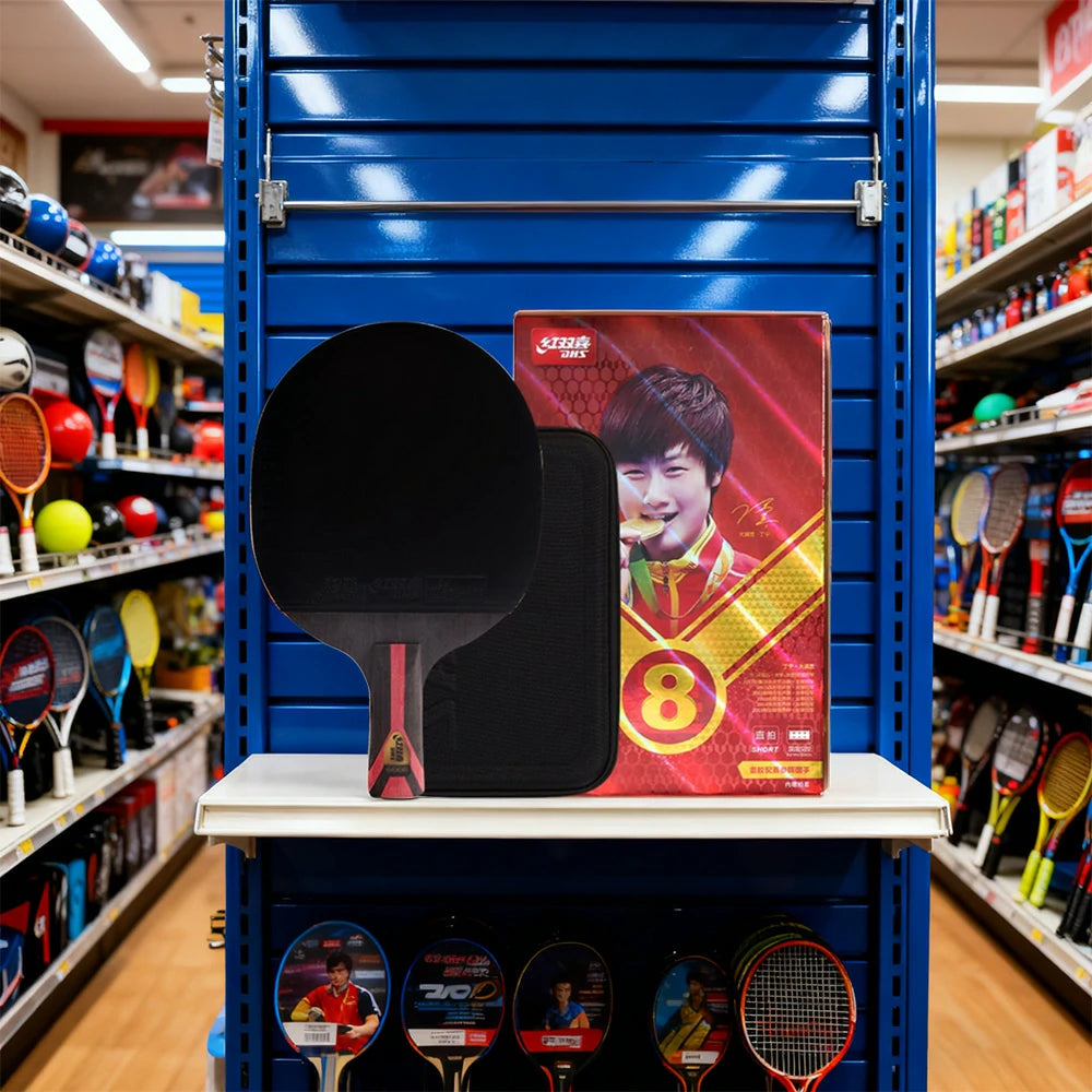 DHS H8002 8-Star Penhold Table Tennis Paddle Set - Includes 6 Balls & Case, Pro Carbon Power for Fast Attack & Spin - Black