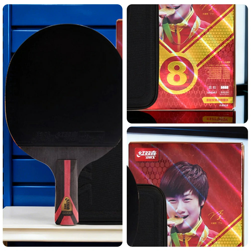 DHS H8002 8-Star Penhold Table Tennis Paddle Set - Includes 6 Balls & Case, Pro Carbon Power for Fast Attack & Spin - Black