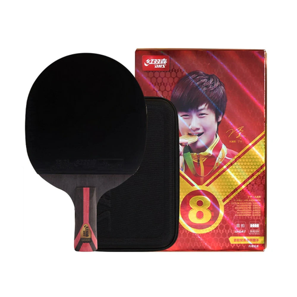 DHS H8002 8-Star Penhold Table Tennis Paddle Set - Includes 6 Balls & Case, Pro Carbon Power for Fast Attack & Spin - Black