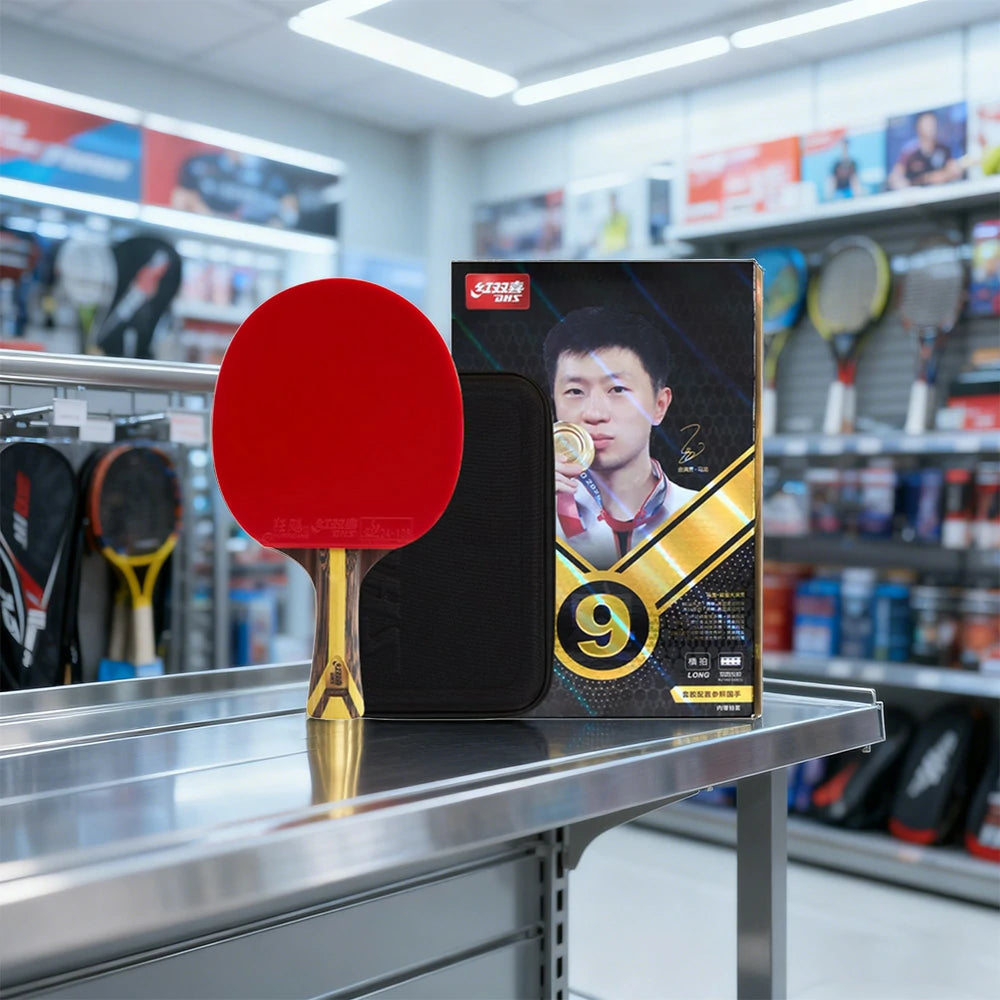 DHS 9-Star Shakehand Table Tennis Paddle Set - Carbon Power, Strong Spin & Speed, Includes 6 Balls & Case - Red