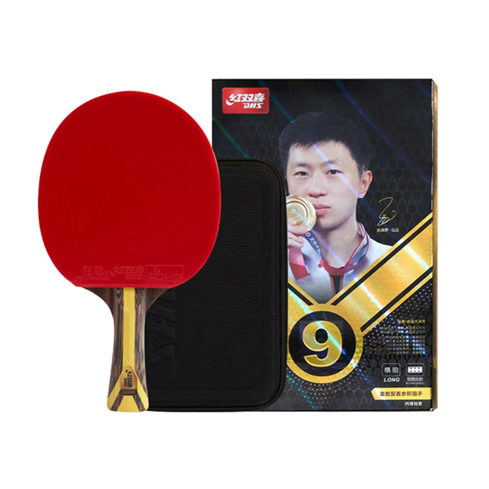 DHS 9-Star Shakehand Table Tennis Paddle Set - Carbon Power, Strong Spin & Speed, Includes 6 Balls & Case - Red