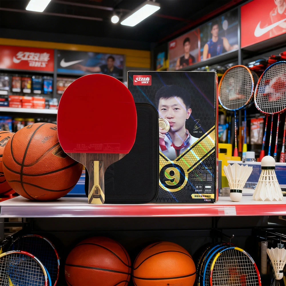 DHS 9-Star Penhold Table Tennis Paddle Set - PRO Arylate-Carbon Blade, Hurricane 3 + Hurricane 8 Rubbers, Faster Speed & Strong Spin - Includes 6 Balls & Case - Red