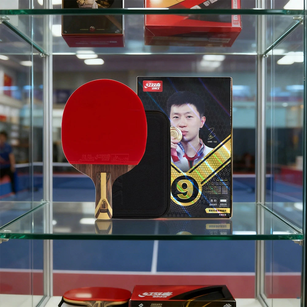DHS 9-Star Penhold Table Tennis Paddle Set - PRO Arylate-Carbon Blade, Hurricane 3 + Hurricane 8 Rubbers, Faster Speed & Strong Spin - Includes 6 Balls & Case - Red
