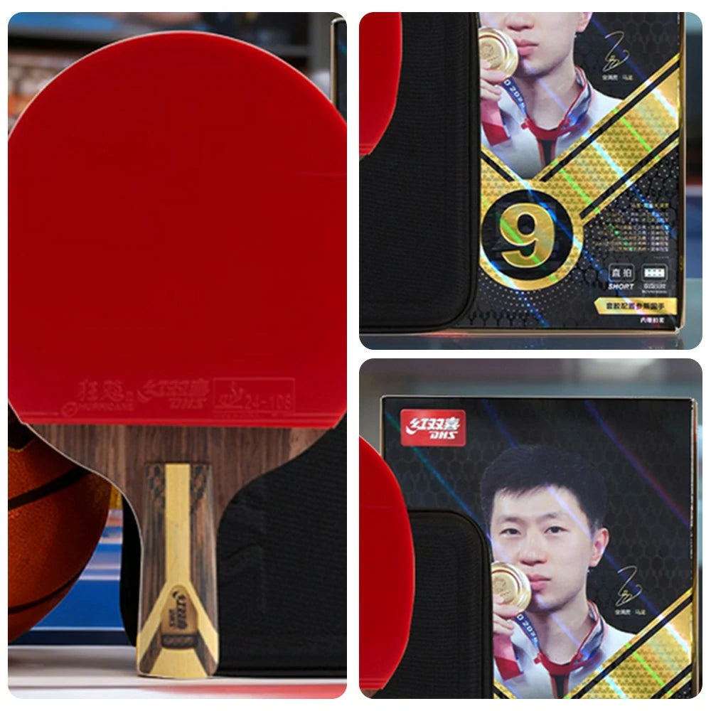 DHS 9-Star Penhold Table Tennis Paddle Set - PRO Arylate-Carbon Blade, Hurricane 3 + Hurricane 8 Rubbers, Faster Speed & Strong Spin - Includes 6 Balls & Case - Red