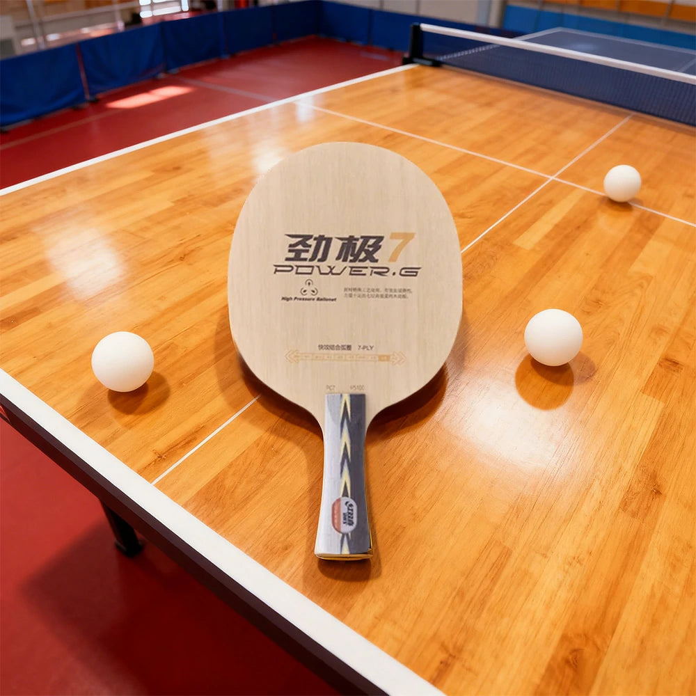 DHS 7 Shakehand Table Tennis Paddle - 7-Ply Wood Offensive Blade with PF4 High-Tack Rubber, Strong Rebound and Easy Control