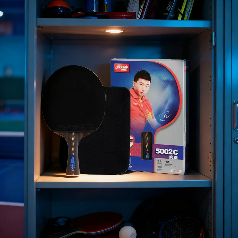 DHS R5002C 5-Star Carbon Shakehand Table Tennis Paddle Set - Includes 6 Balls & Case, Powerful Spin & Fast Attack - Black