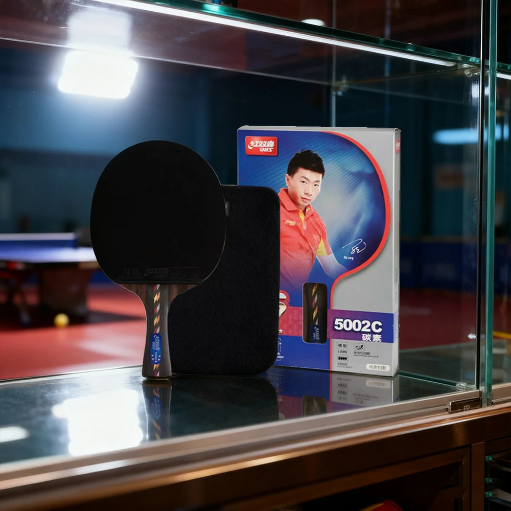 DHS R5002C 5-Star Carbon Shakehand Table Tennis Paddle Set - Includes 6 Balls & Case, Powerful Spin & Fast Attack - Black