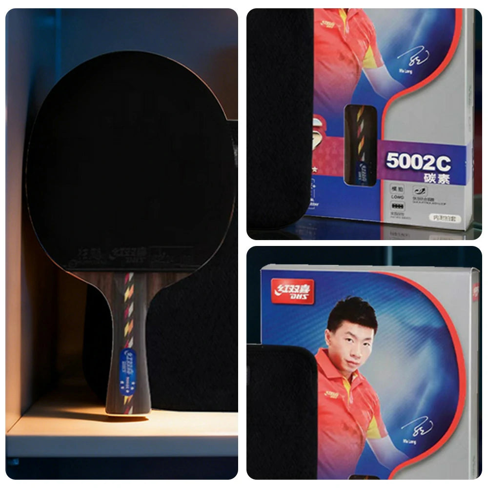 DHS R5002C 5-Star Carbon Shakehand Table Tennis Paddle Set - Includes 6 Balls & Case, Powerful Spin & Fast Attack - Black