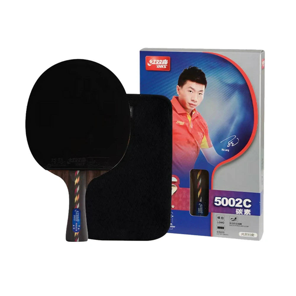 DHS R5002C 5-Star Carbon Shakehand Table Tennis Paddle Set - Includes 6 Balls & Case, Powerful Spin & Fast Attack - Black
