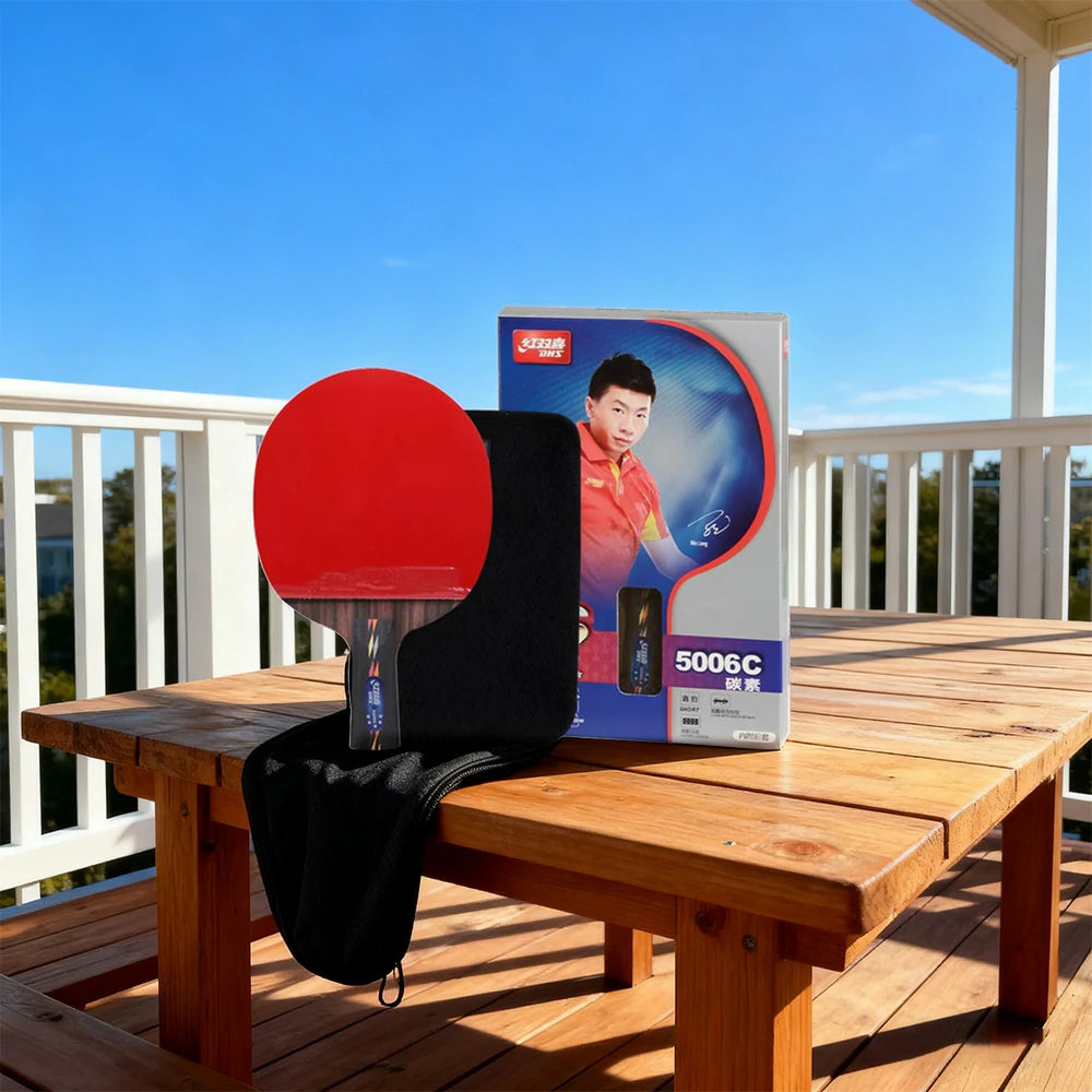 DHS R5006C 5-Star Carbon Penhold Table Tennis Paddle Set - Includes 6 Balls & Case, Powerful Spin & Fast Attack - Red
