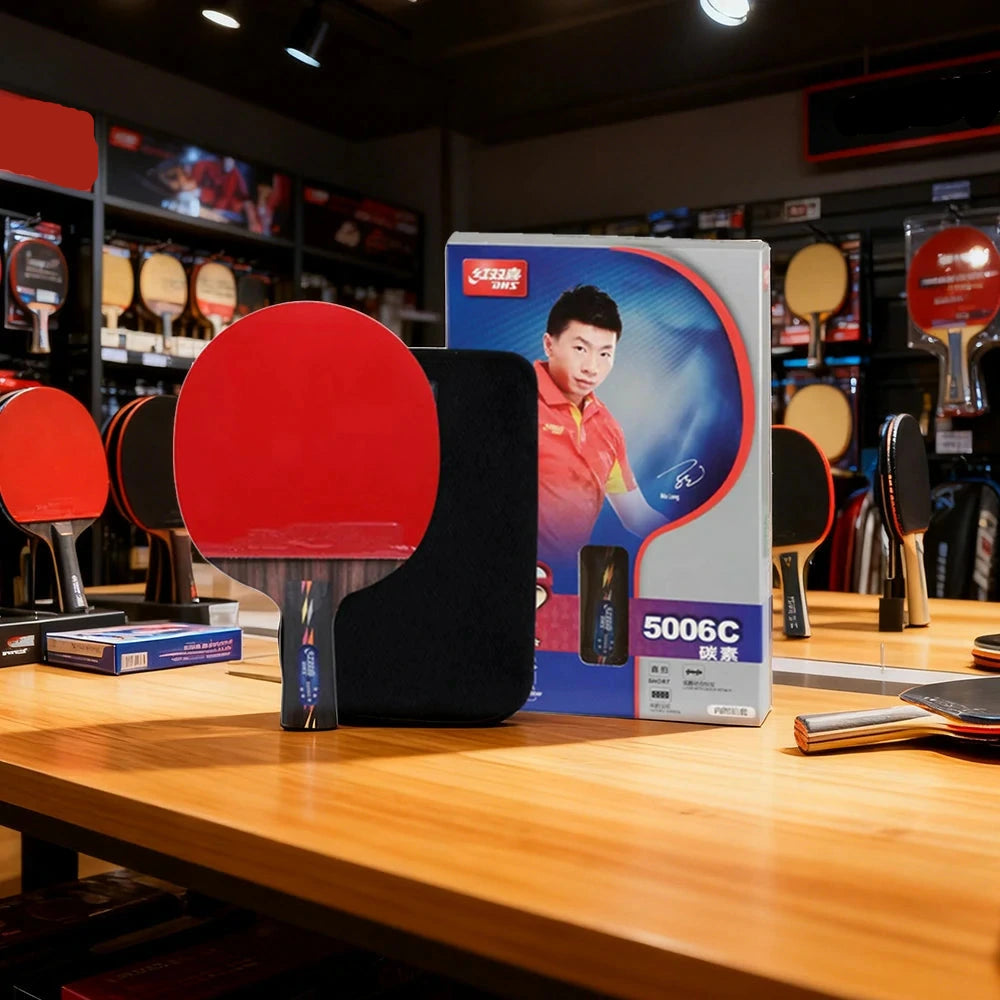 DHS R5006C 5-Star Carbon Penhold Table Tennis Paddle Set - Includes 6 Balls & Case, Powerful Spin & Fast Attack - Red