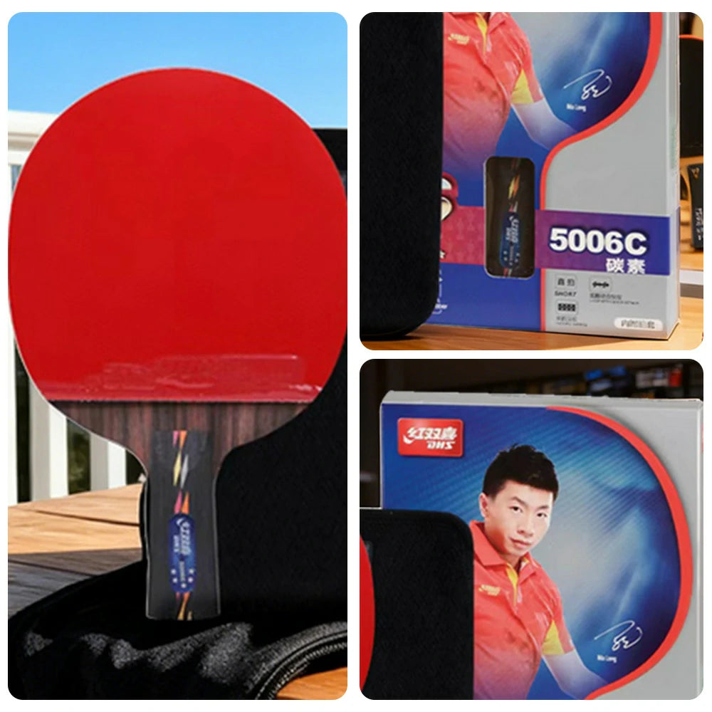 DHS R5006C 5-Star Carbon Penhold Table Tennis Paddle Set - Includes 6 Balls & Case, Powerful Spin & Fast Attack - Red
